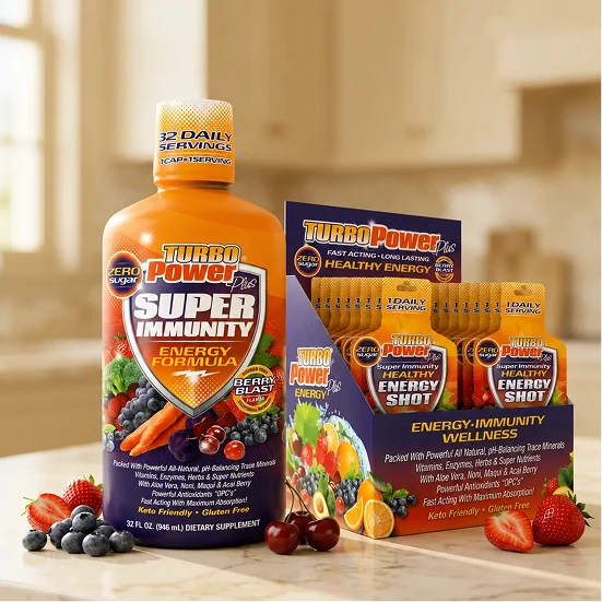 Turbo Power Plus Super Immunity bottle and Energy Shot packets with fresh fruit