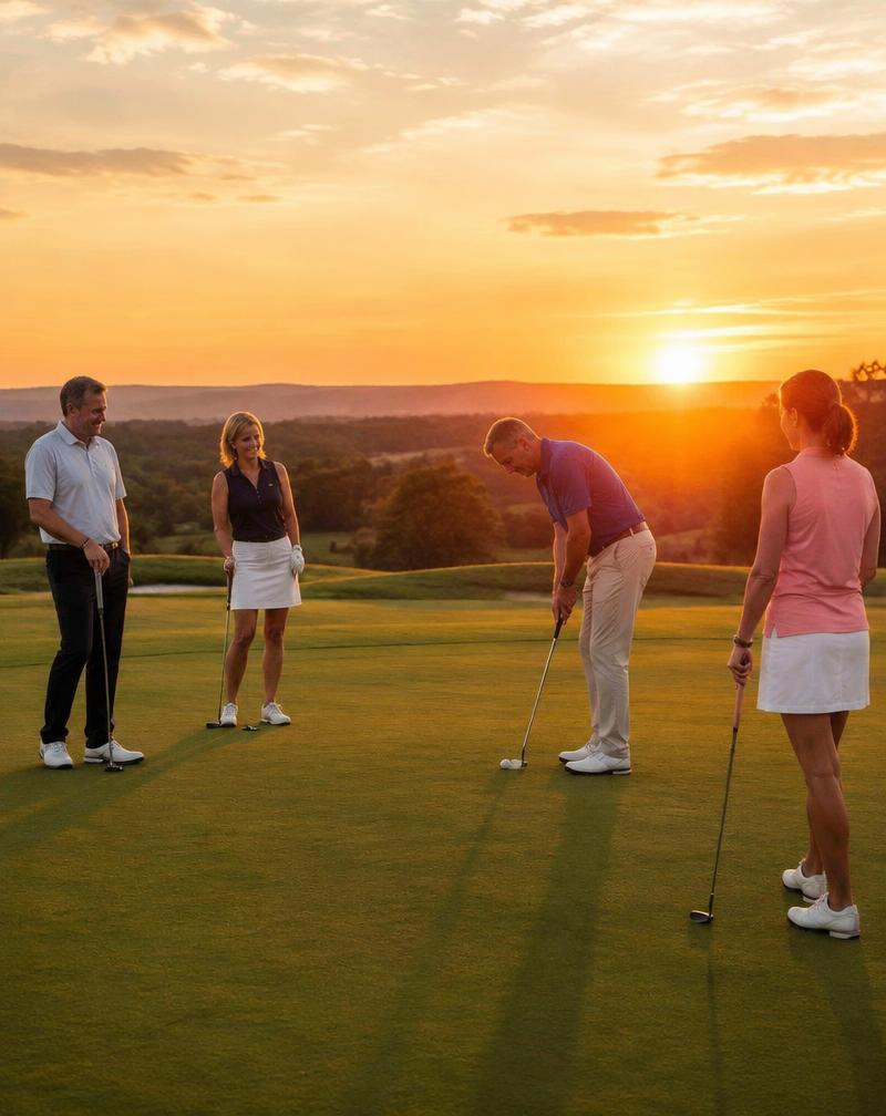 Friends golfing together at sunset